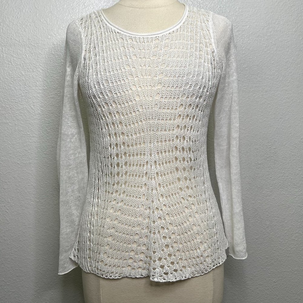 EILEEN FISHER WHITE ORGANIC LINEN OPEN LACE SCOOP NECK TOP‎ SWEATER PS $158